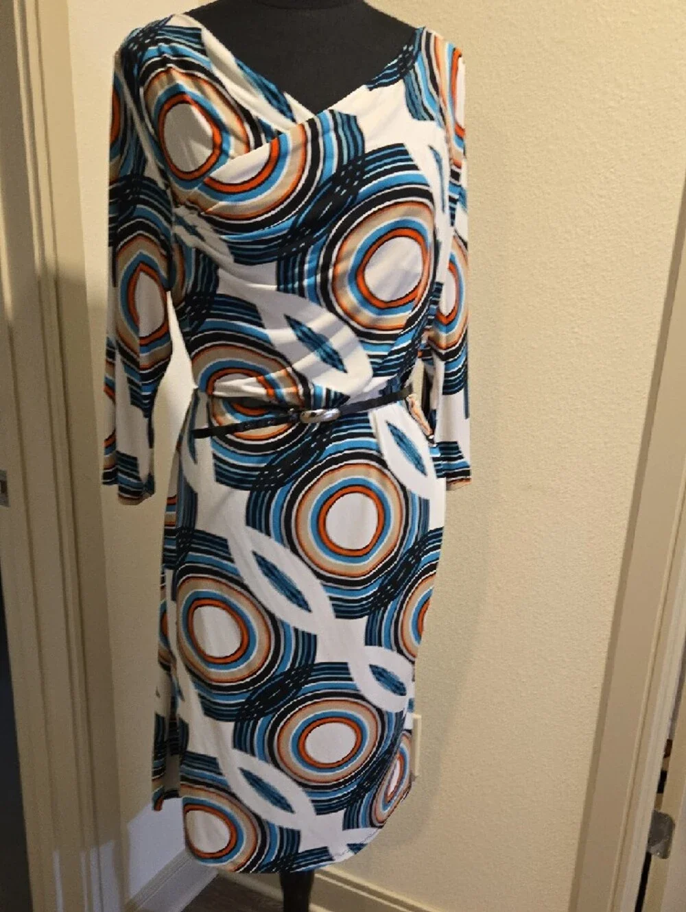 Liz Claiborne White Dress with Blue & Orange Circular Print - Picture 6 of 7